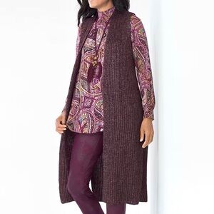 Chico’s Drama Long-Line Sweater Vest Women’s Size M Metallic Open Front Layering